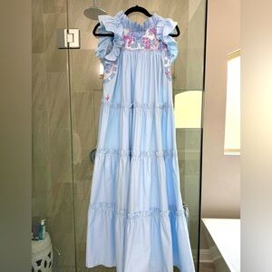 Mi Golondrina Light Blue Dress with Pink Floral Embroidery